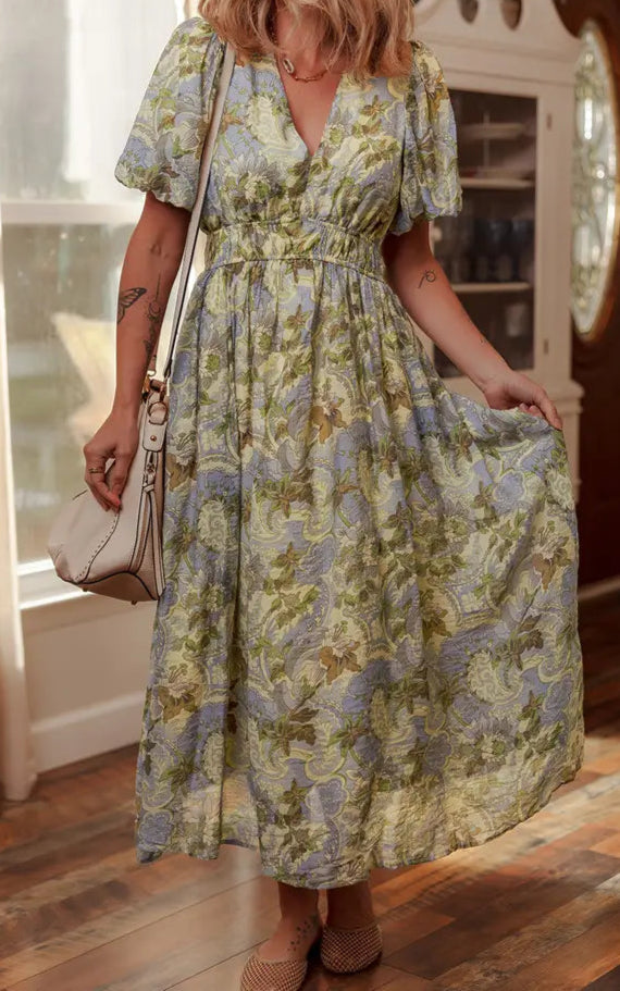 Vintage Floral Puff Sleeve Dress
