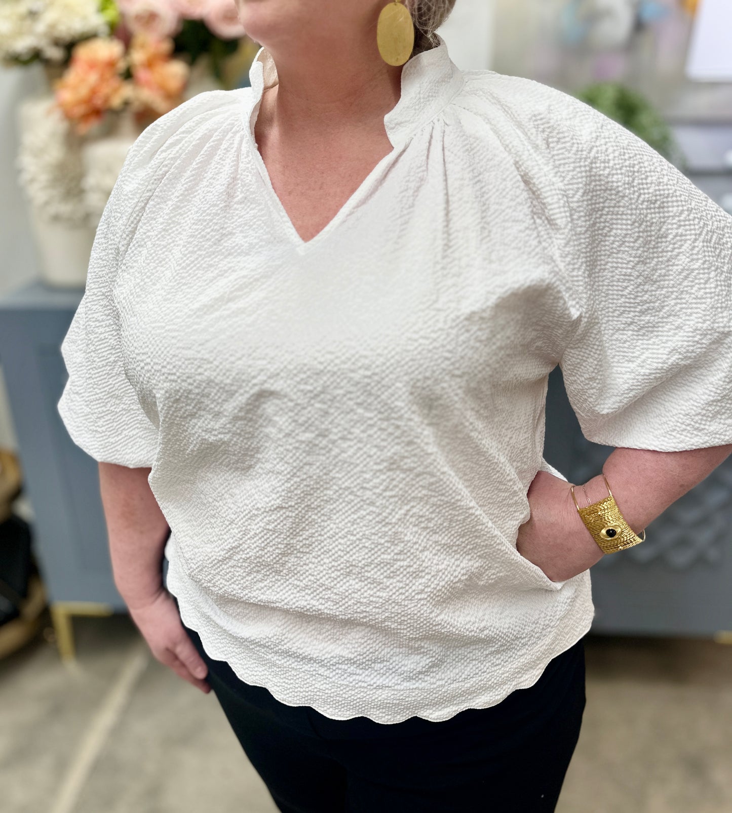 White Scalloped Neck Plus Top
