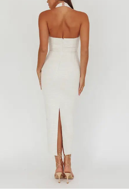 White Textured Halter Dress