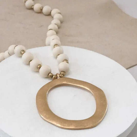 Cream Wood Beaded Necklace w/ Gold Circle