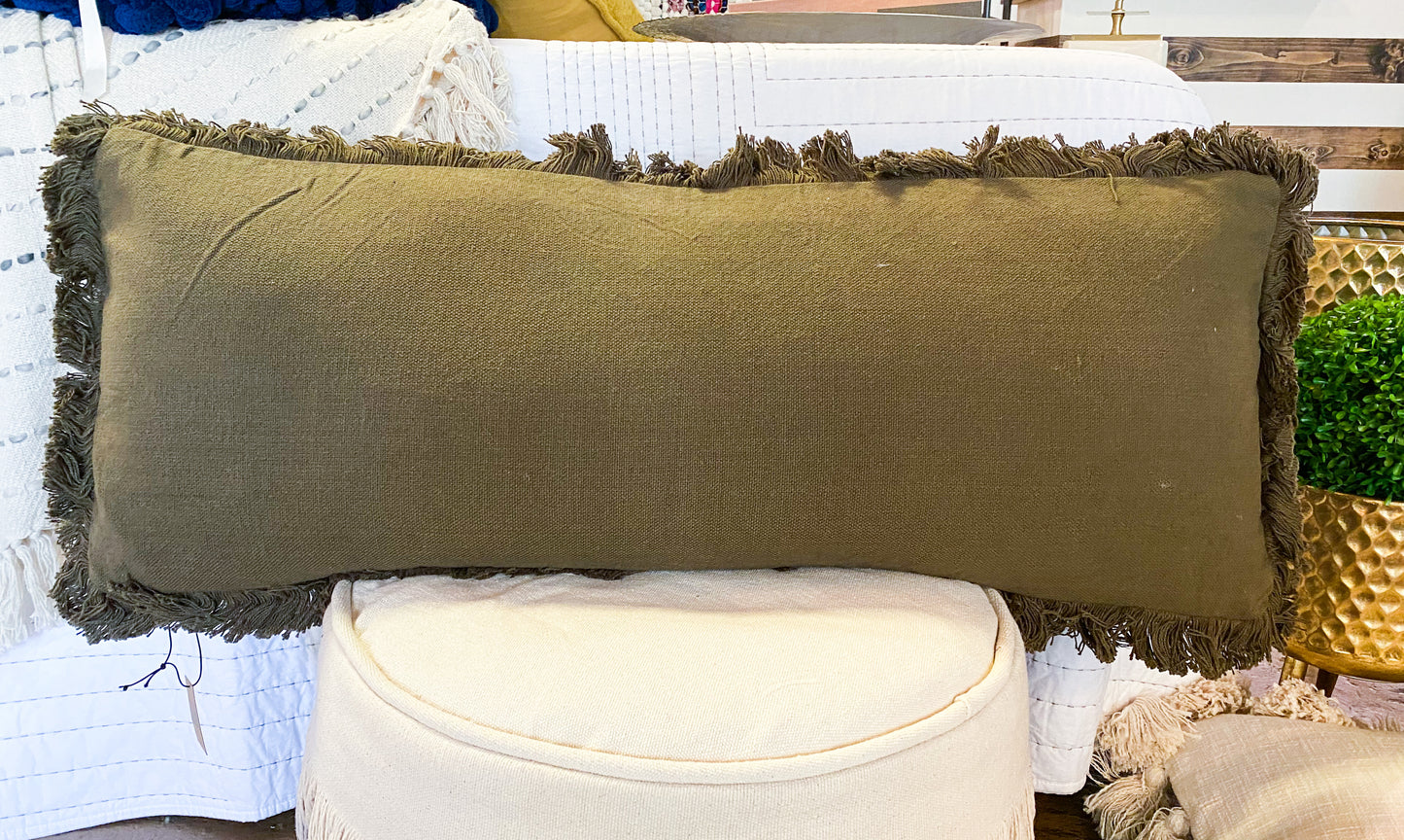 Olive Lumbar Pillow w/Fringe