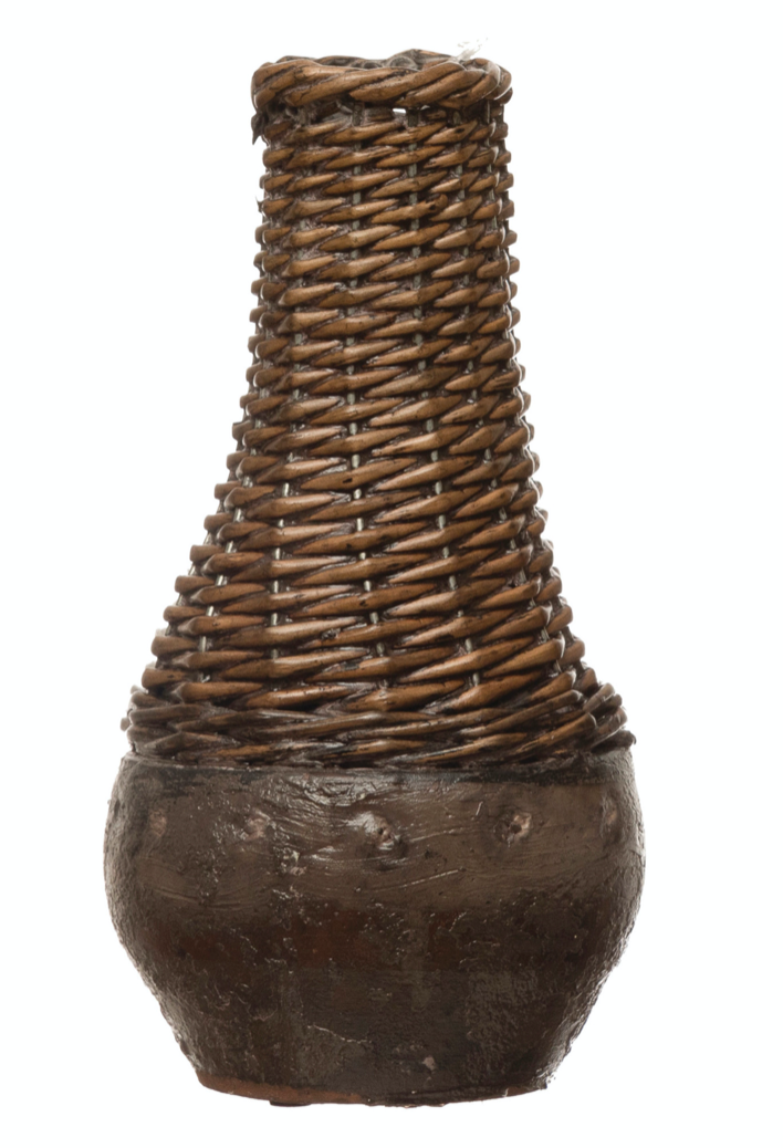 Brown Hand Woven Rattan Clay Vase