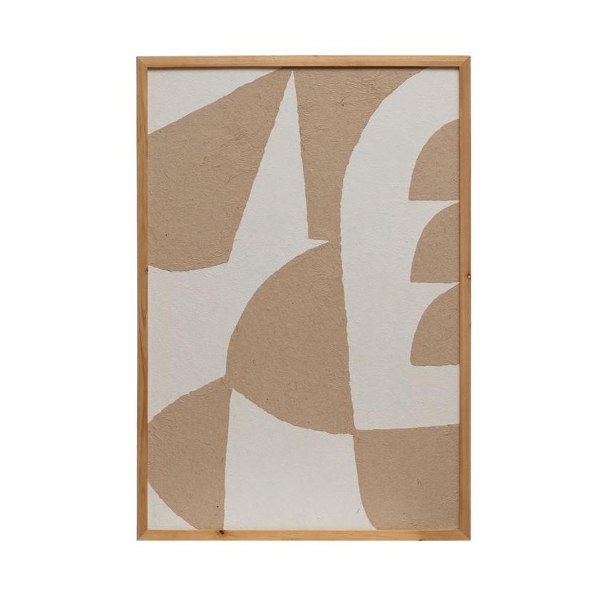 Wood Framed Handmade Paper Wall Decor with Abstract Image, Ivory Color & Beige