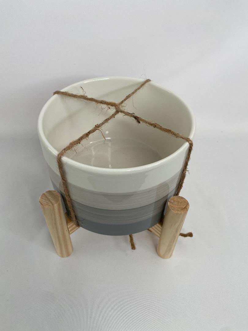 Gray Striped Ceramic Planter on Wood Stand