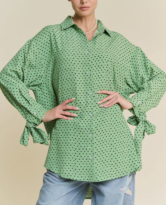 Tie Cuff Button Down Top/Sage