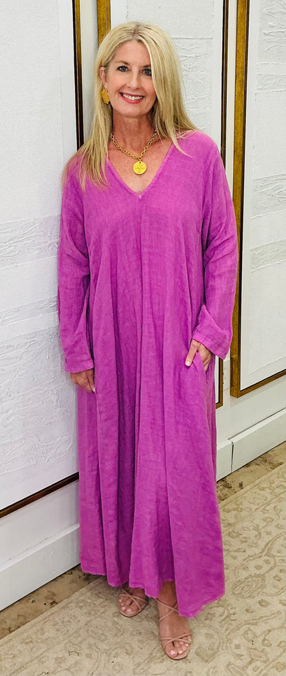 3/4 Sleeve Purple Linen Dress