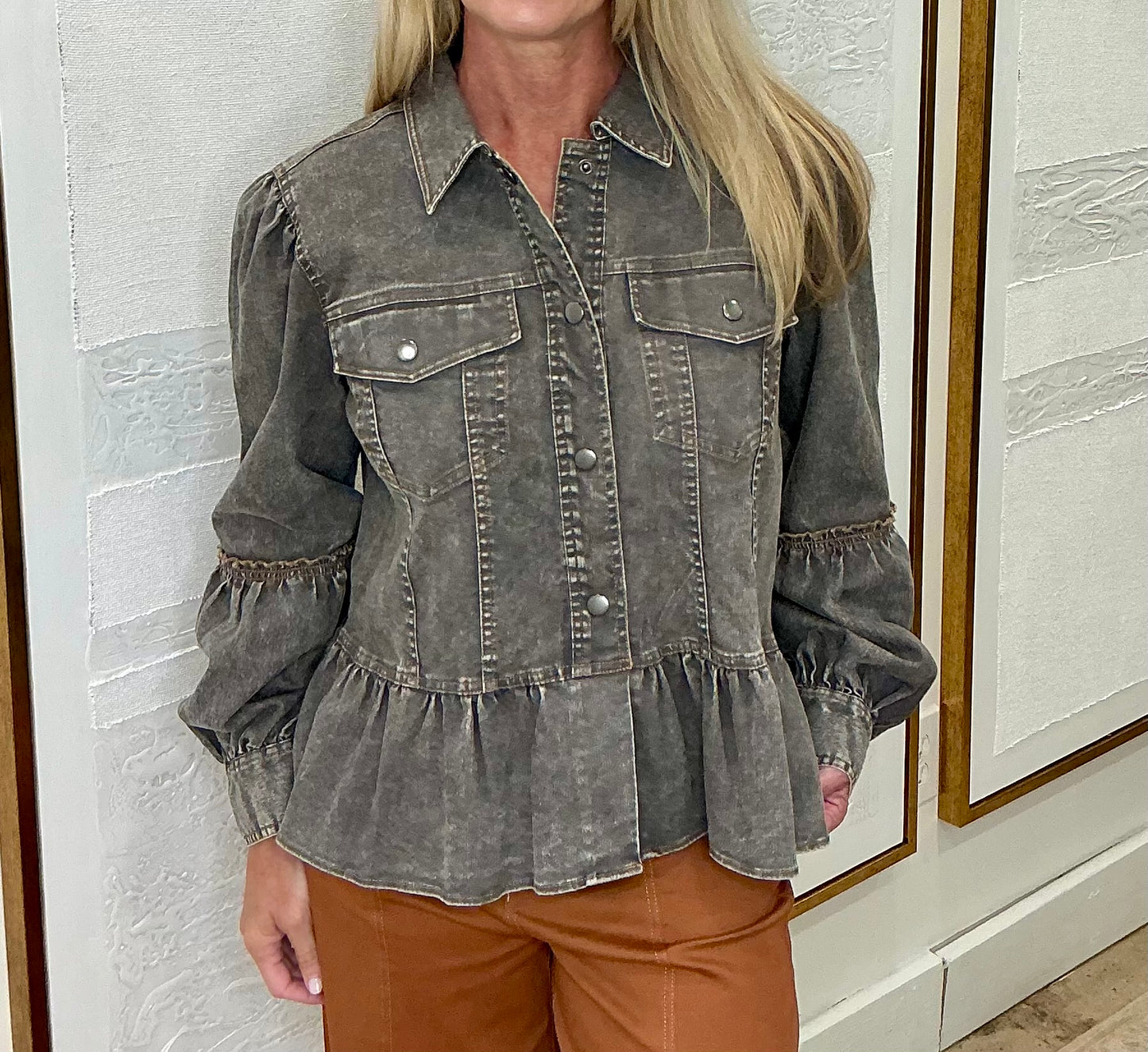 Ruffled Waist Denim Jacket
