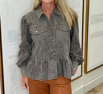 Ruffled Waist Denim Jacket