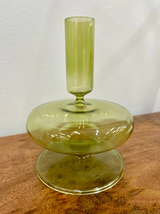 Green Glass Taper Candle Holder S/2