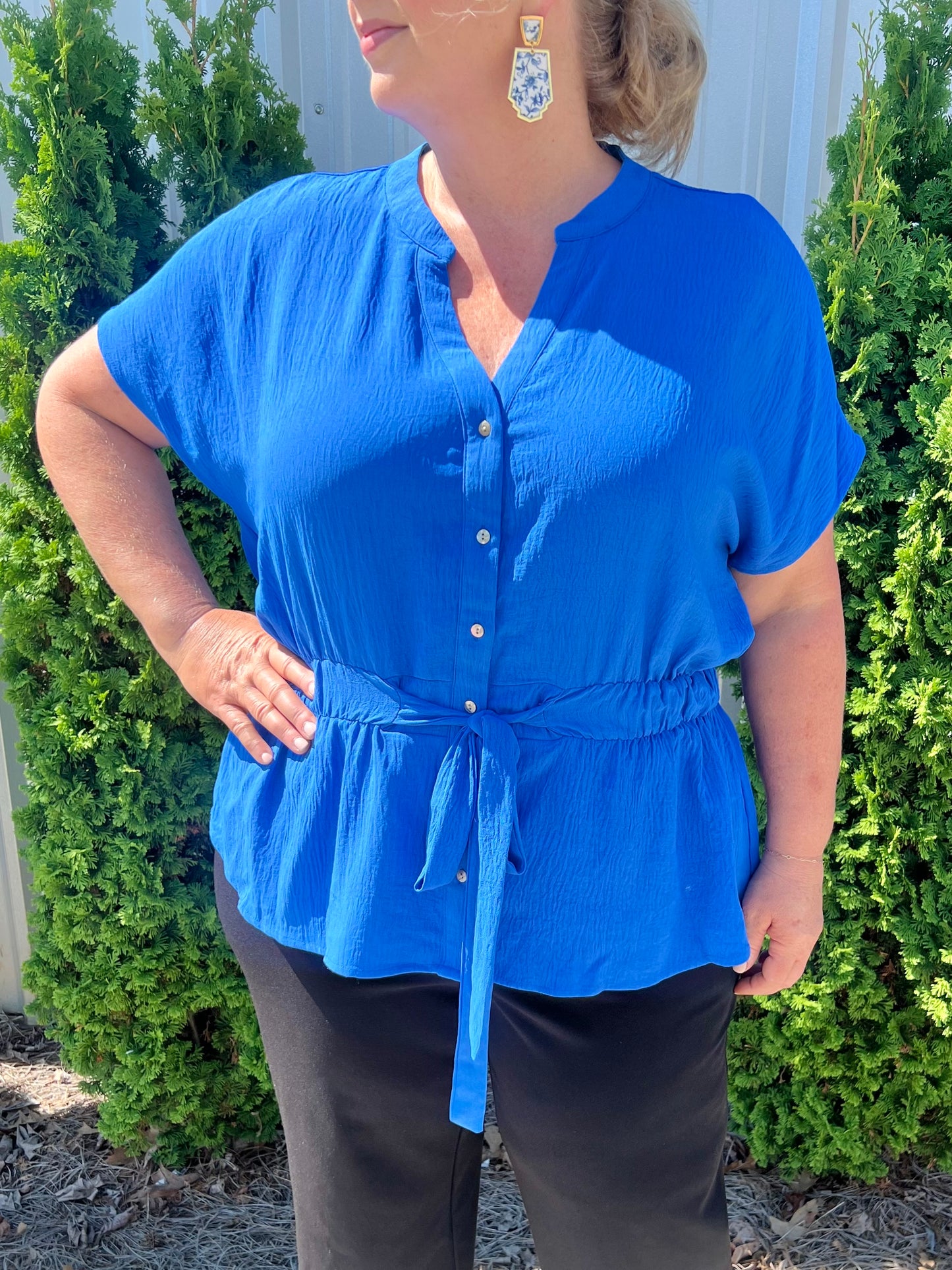 Blue Short Sleeve Tie Waist Top