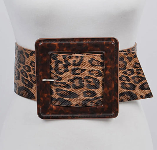 Leopard Print Belt with Square Buckle