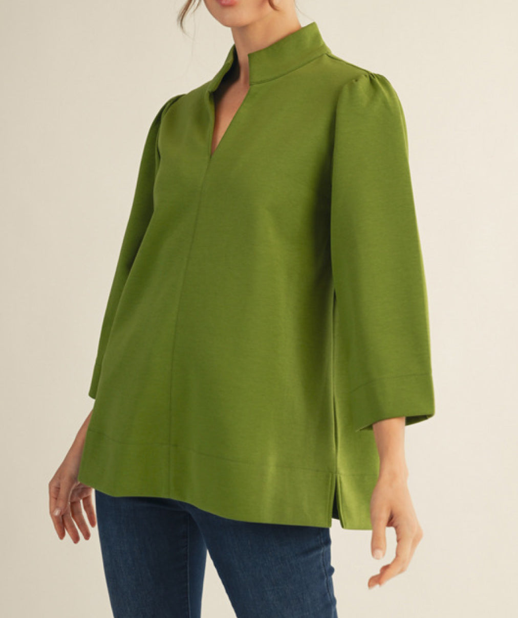 Puff Sleeve V-Neck Top/Olive