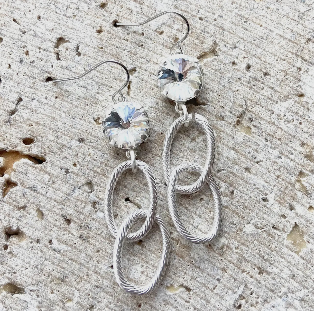 Crystal Dangle Loops Earrings/Matte Silver