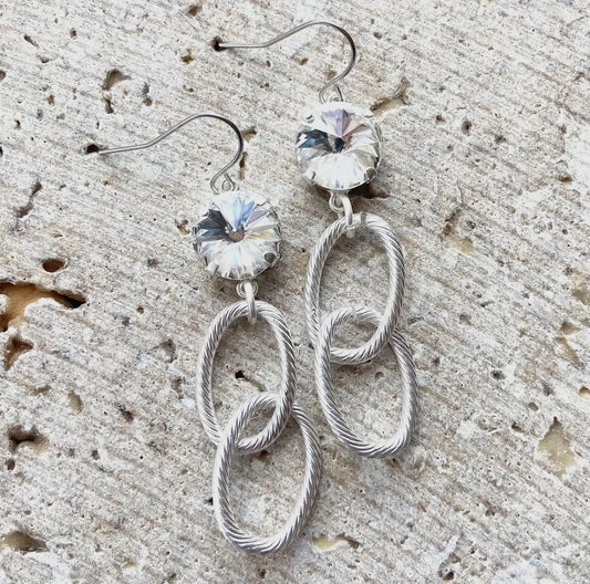 Crystal Dangle Loops Earrings/Matte Silver