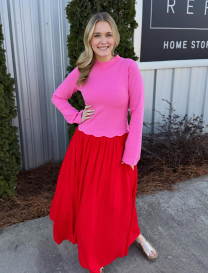 Pink & Red Scalloped Dress
