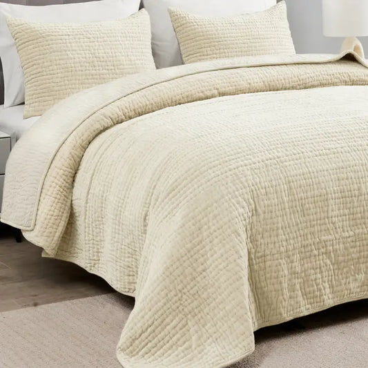 Velvet Quilt Set Ivory-Full/Queen