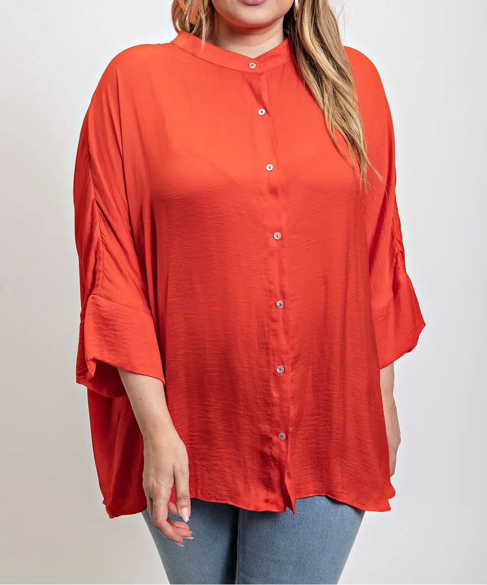 Plus Satin Button Down Hi-Lo Top