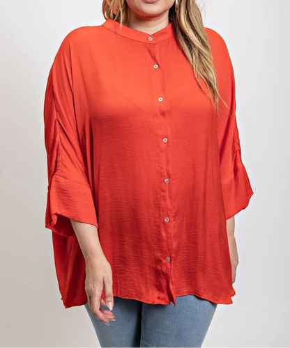 Plus Satin Button Down Hi-Lo Top
