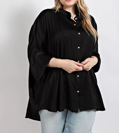 Plus Satin Button Down Hi-Lo Top