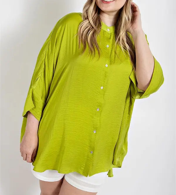 Plus Satin Button Down Hi-Lo Top