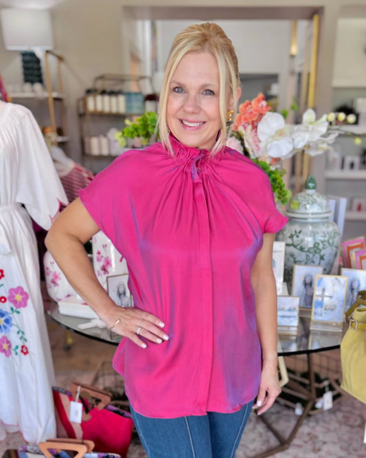 Fuchsia Elastic Ruffle Neck Top