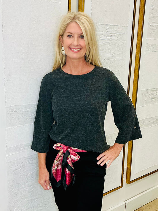 Charcoal 3/4 Sleeve Top w/Button Detail