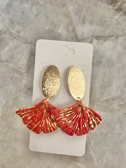 Red Gingko Leaf Earrings-Clay