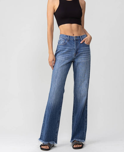 High Rise Fray Wide Leg Dark Denim  3