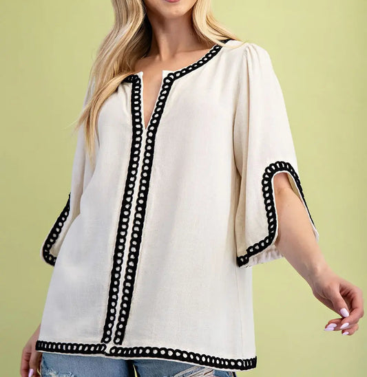Plus Linen Embroidered Tunic Oatmeal