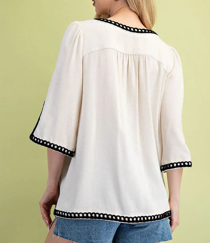 Plus Linen Embroidered Tunic Oatmeal