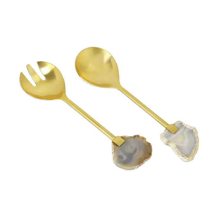 Gold Salad Server Set w/Agate Stone