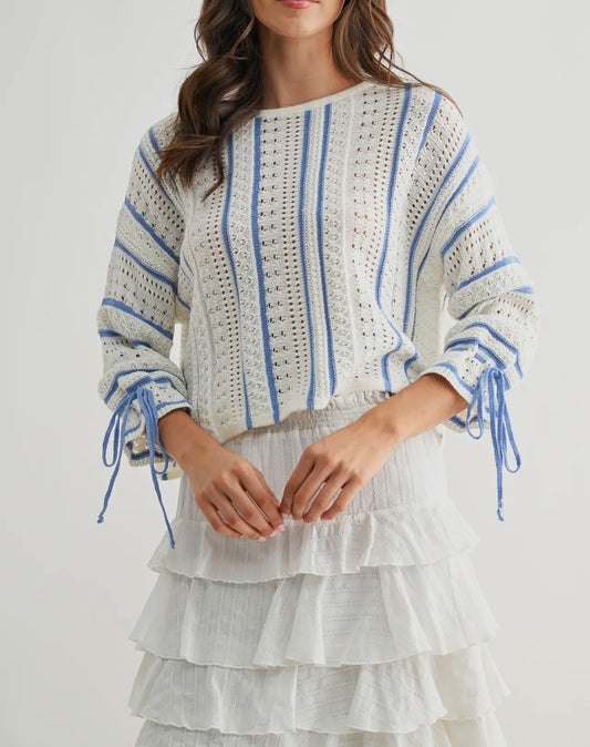 Tie Sleeve Sweater White & Blue