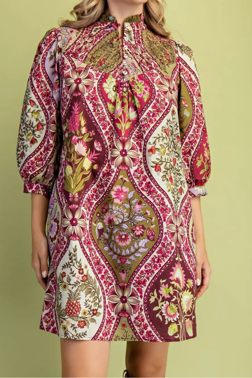 Floral Print Short Dress Burgandy