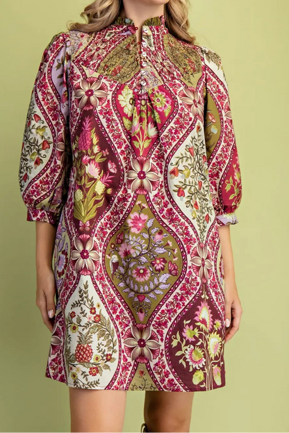 Floral Print Short Dress Burgandy