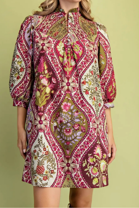Floral Print Short Dress Burgandy