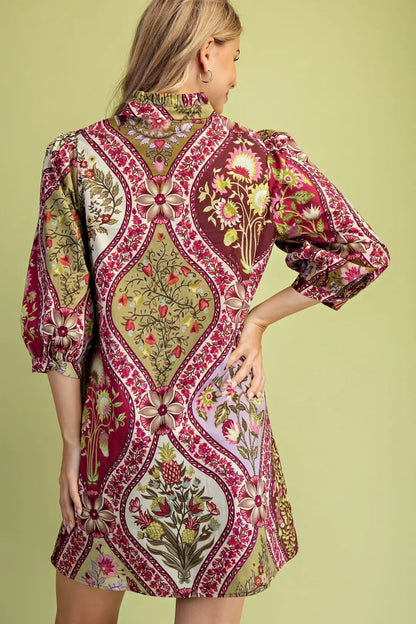 Floral Print Short Dress Burgandy