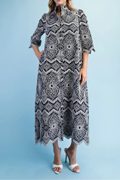 Navy Eyelet Button Down Midi Dress
