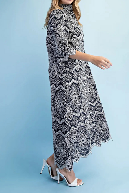 Navy Eyelet Button Down Midi Dress