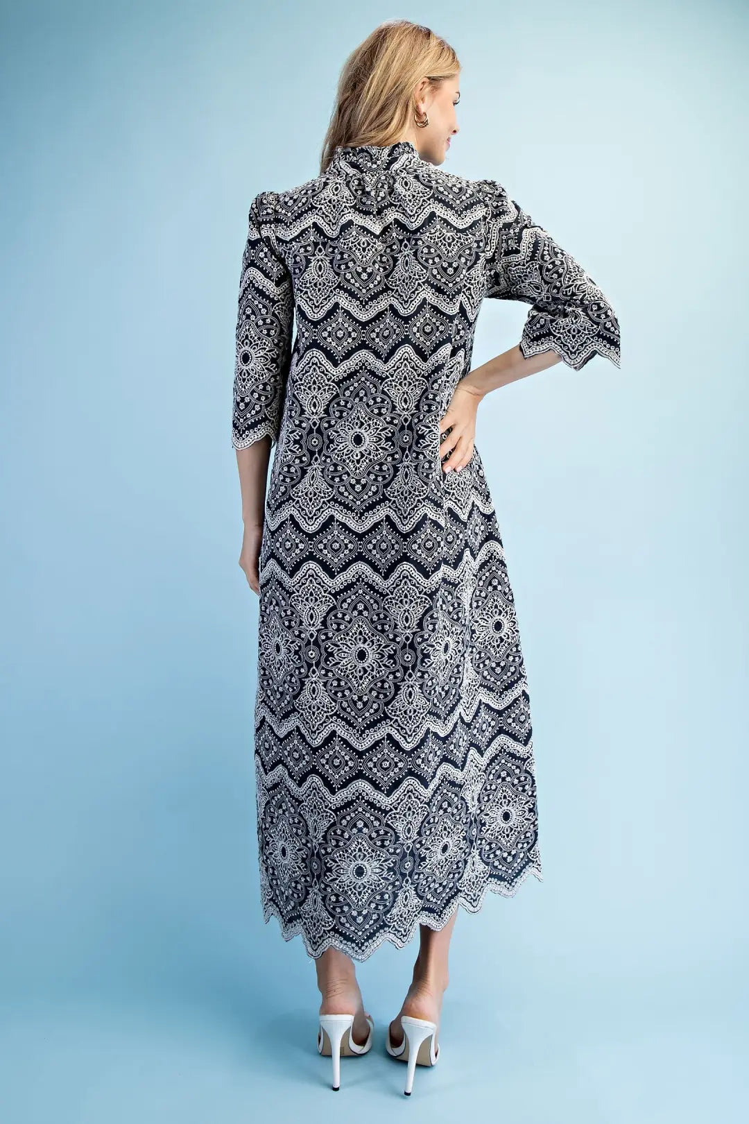 Navy Eyelet Button Down Midi Dress