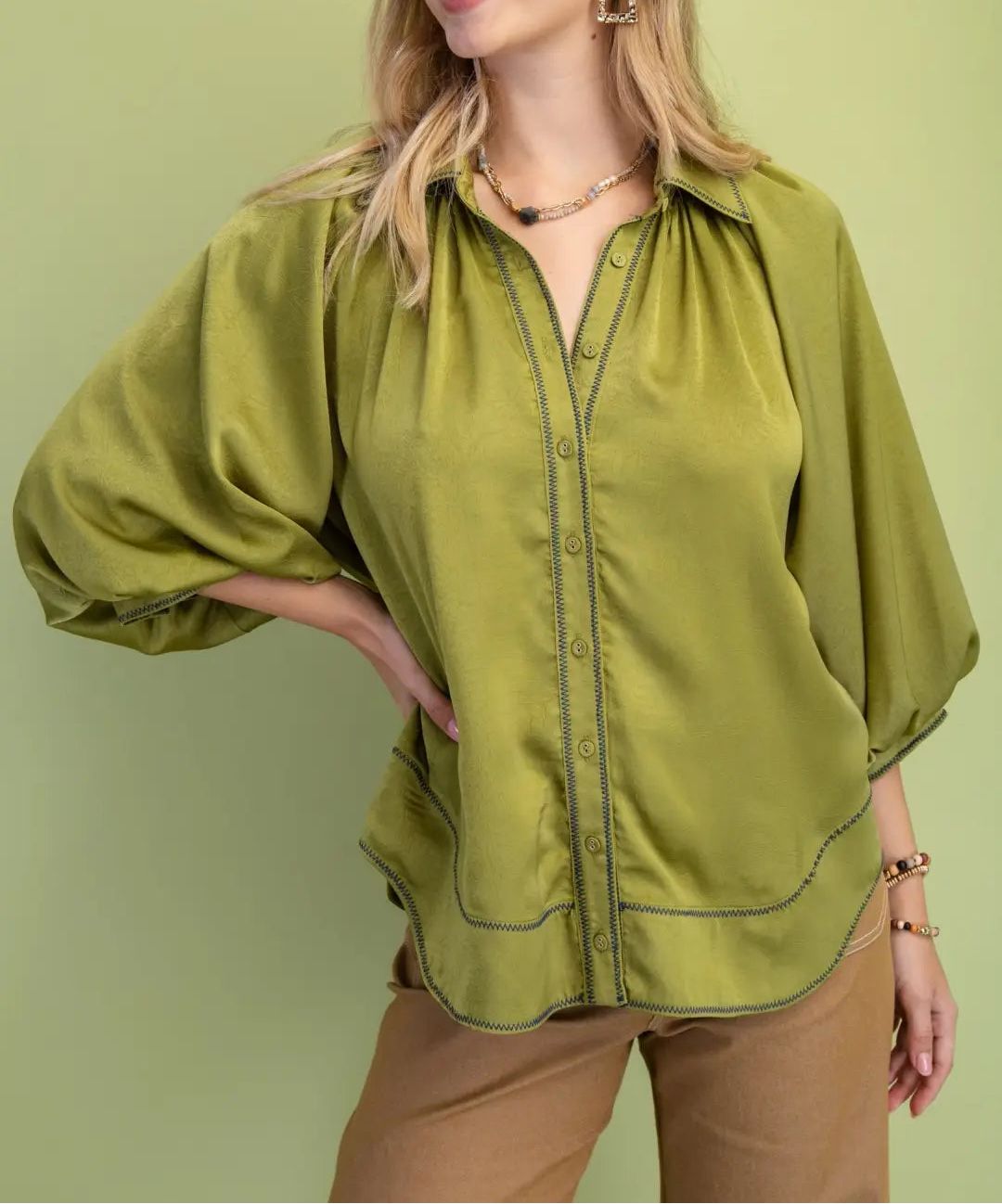 Plus Sheen Balloon Sleeve Top Olive