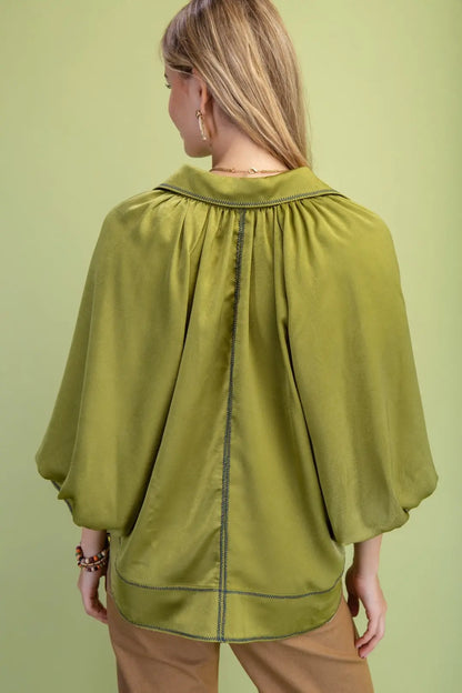 Plus Sheen Balloon Sleeve Top Olive