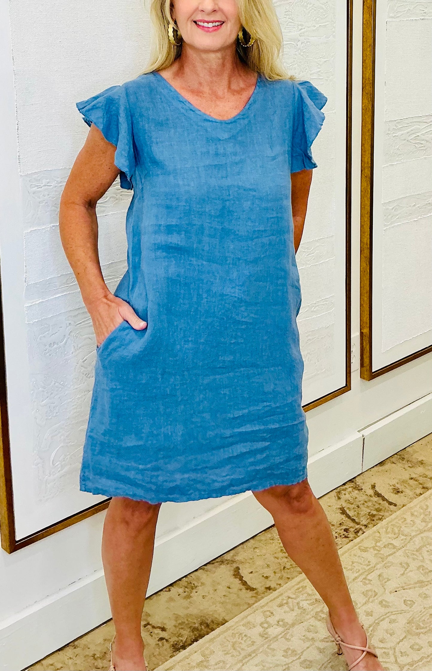 Blue Linen Flutter Sleeve Dress