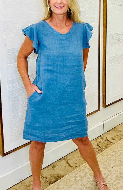 Blue Linen Flutter Sleeve Dress