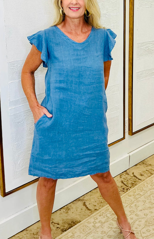 Blue Linen Flutter Sleeve Dress