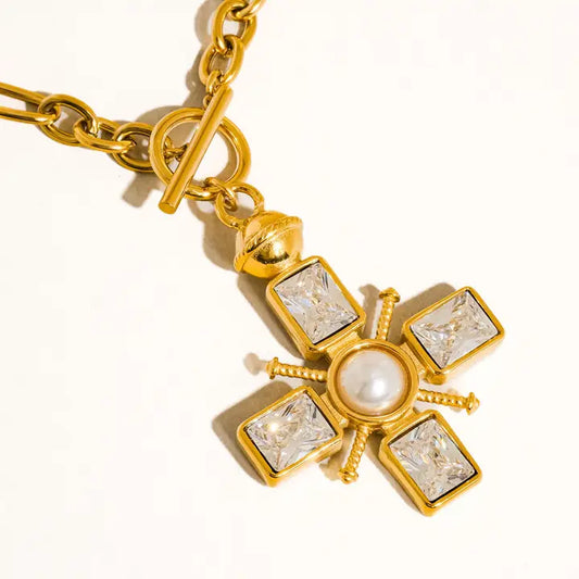 18k Gold Cross Necklace w/Pearl