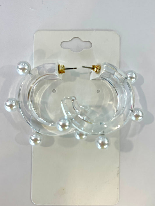 Clear Lucite Hoop Earrings w/Pearls