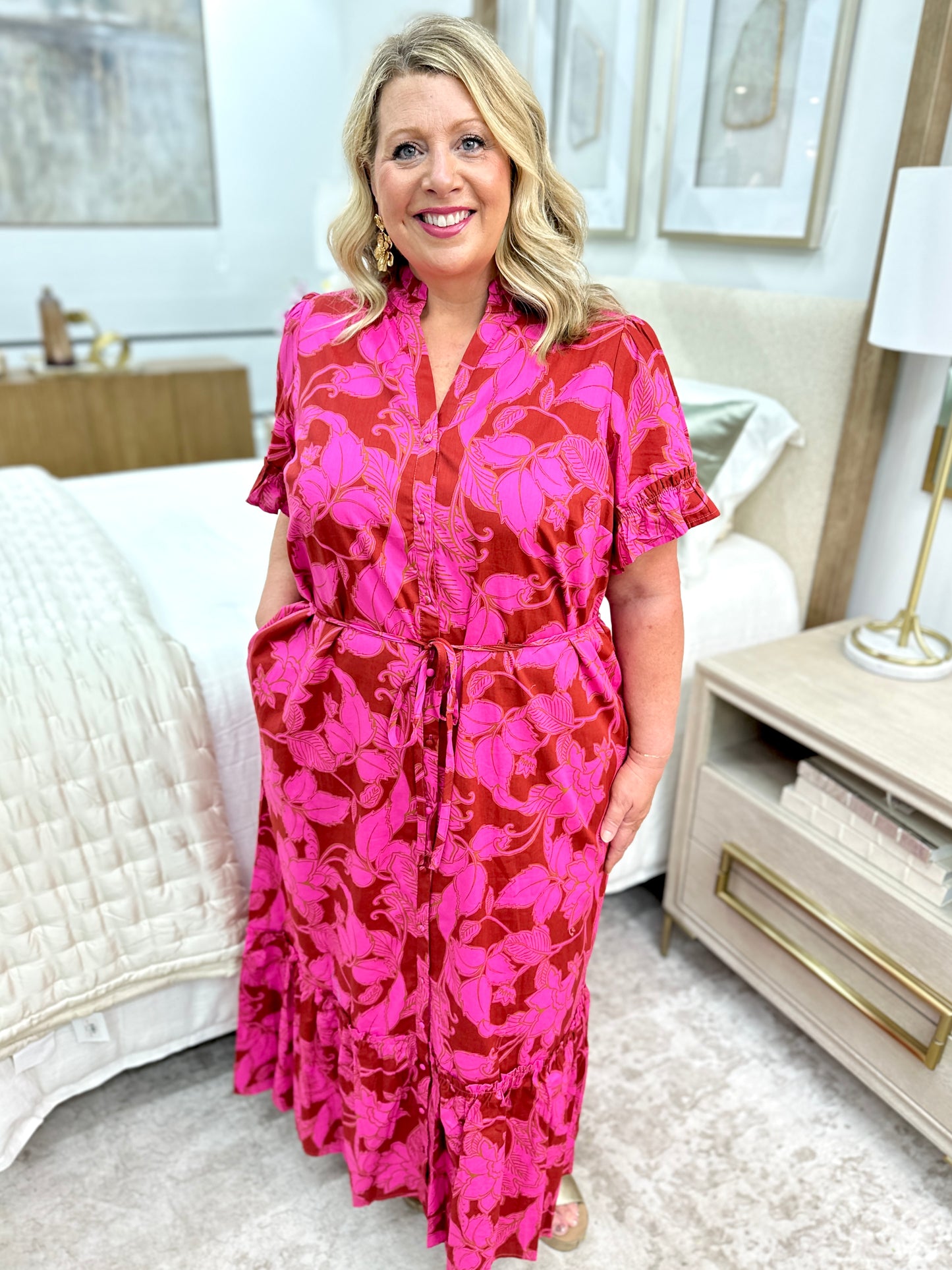 Plus Floral Button Up Dress Burgundy/Pink