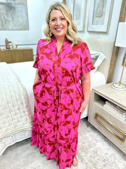 Plus Floral Button Up Dress Burgundy/Pink