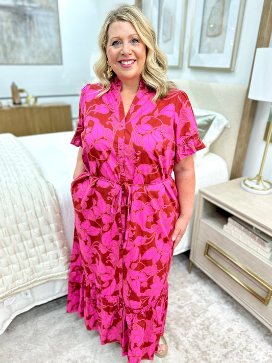 Plus Floral Button Up Dress Burgundy/Pink