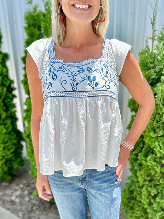 White Navy Floral Peplum Top